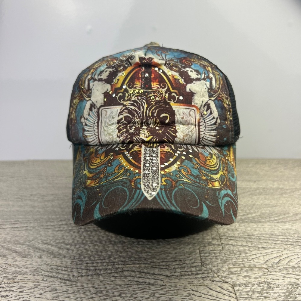 Vintage Y2K Beshall Trucker Hat Cap Snap Back Adjustable Black Lion Sword Adult